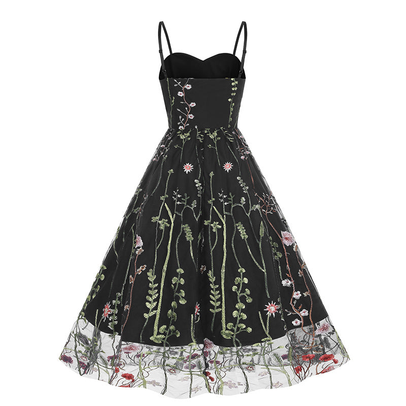 flowersverse Women Vintage Halter Embroidered Mesh Patchwork Dress