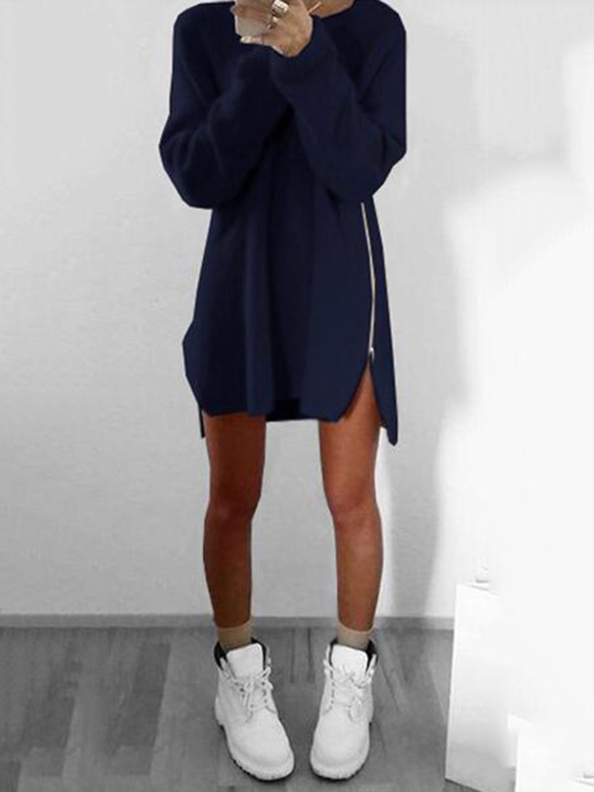 flowersverse Women Fluffy Zipper Long Sleeve Casual Plus Size Sweater Dress