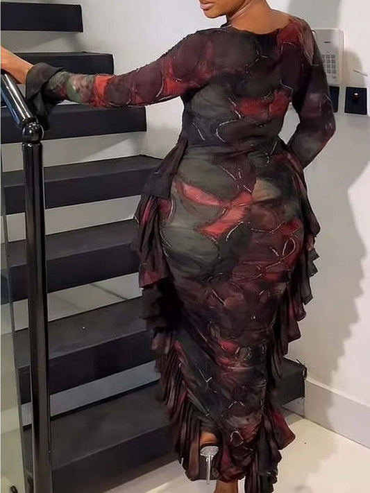 flowersverse Plus Size Mixed Print Flounce Design Cut Out Bodycon Dress AR8037