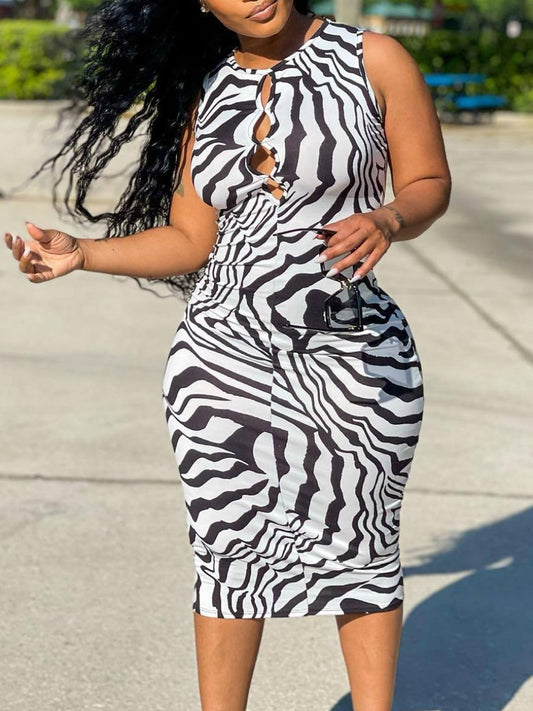 flowersverse Plus Size Zebra Striped Bodycon Dress AR5017