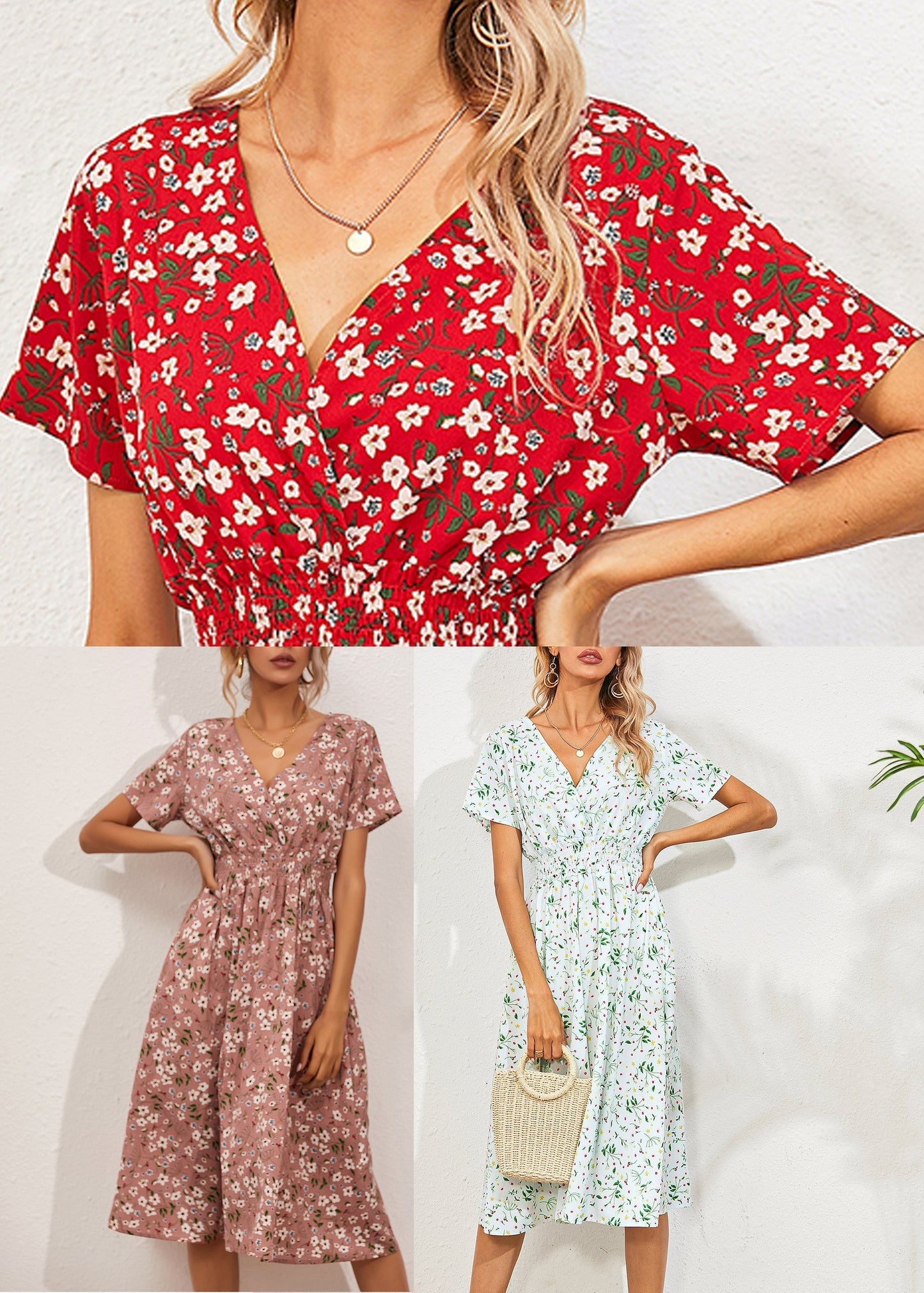 flowersverse Fashion Red V Nec Print Long Dress Summer LY1958