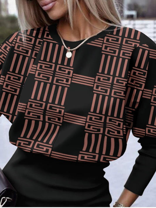 flowersverse Plus Size Lantern Sleeve Geometric Print Dress AR50135