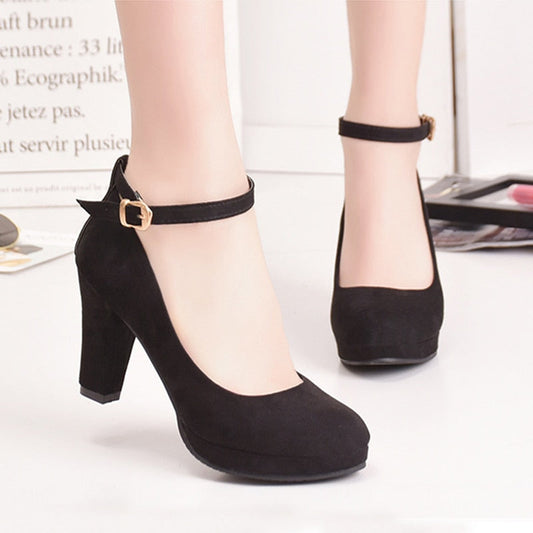 flowersverse Women Fashion Flock Pumps Ladies Sweet Thick High Heels Shoes Female Ankle Strap Suede Mary Jane Woman Party Casual Footwear