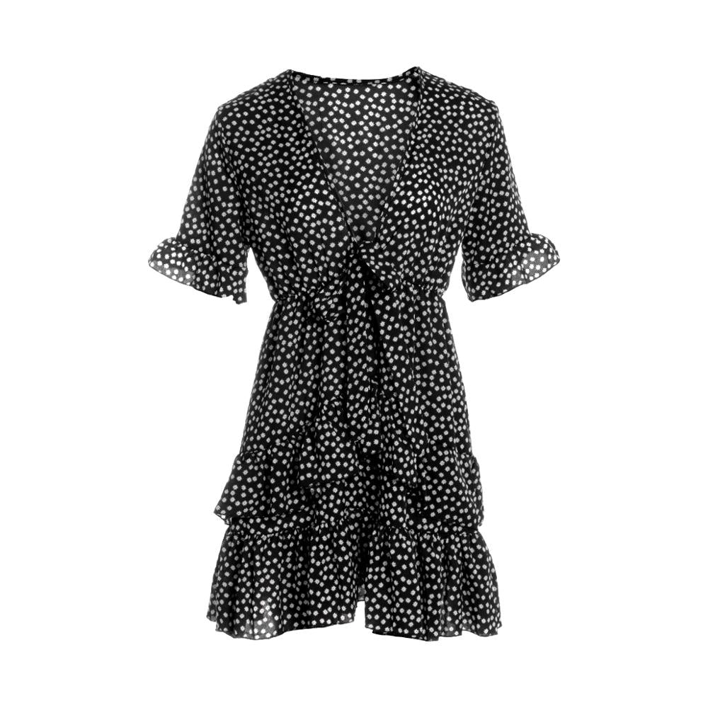 flowersverse Women Dress Boho Floral Ruffle Short Mini Dress Summer Knot V-Neck Party Holiday Dress Femme Vestido De Mujer
