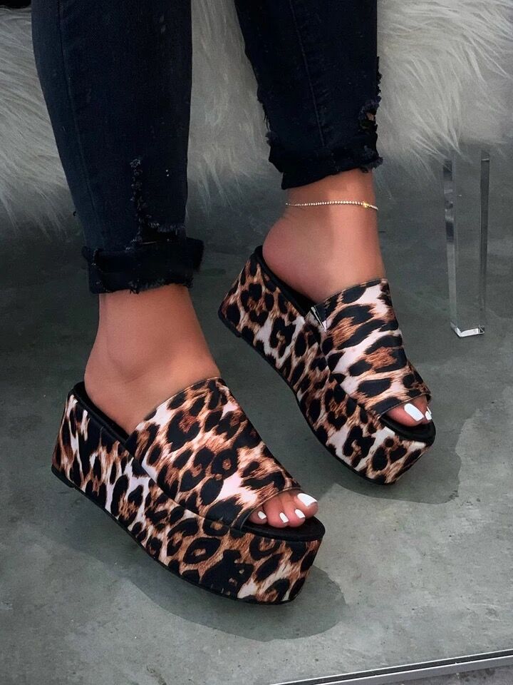 flowersverse High-heeled Women Flatform Slippers Summer New Leopard Print Thick with Slides Women Large Size Shoes Woman Wedges Slipper 0823
