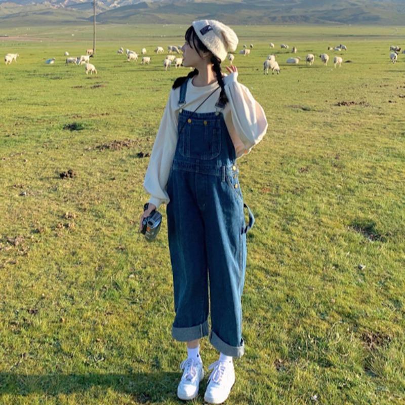 flowersverse Baggy Denim Jumpsuit Women Autumn New Loose Jean Overalls Female Korean High Waist Straight Leg Trousers
