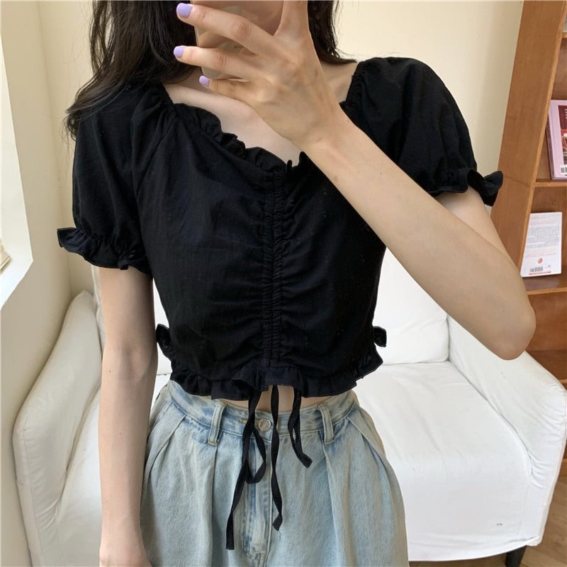 flowersverse Blouses Shirts Women V-Neck Summer Puff Sleeve Chic Korean Style Crop Top Pleated Lace-Up Sweet Slender All-Match Ins Womens New