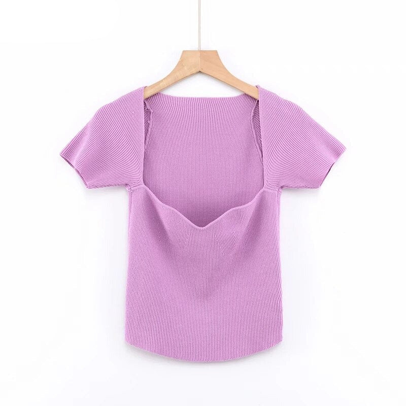 flowersverse Aproms Green Square Neck Ribbed Knitted T-shirt Women Sexy Solid Color High Strench Tshirt Cool Girls Street Style Crop Top