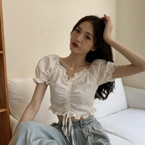 flowersverse Blouses Shirts Women V-Neck Summer Puff Sleeve Chic Korean Style Crop Top Pleated Lace-Up Sweet Slender All-Match Ins Womens New