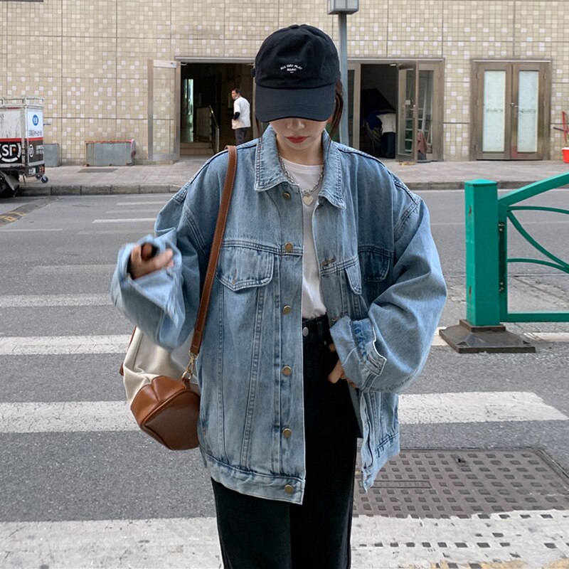 flowersverse Back to school outfit Woman Denim Coat Autumn New Ins Fashion Loose Turn Down Collar Single Breast Pockets Stitching Versatile Female Jacket