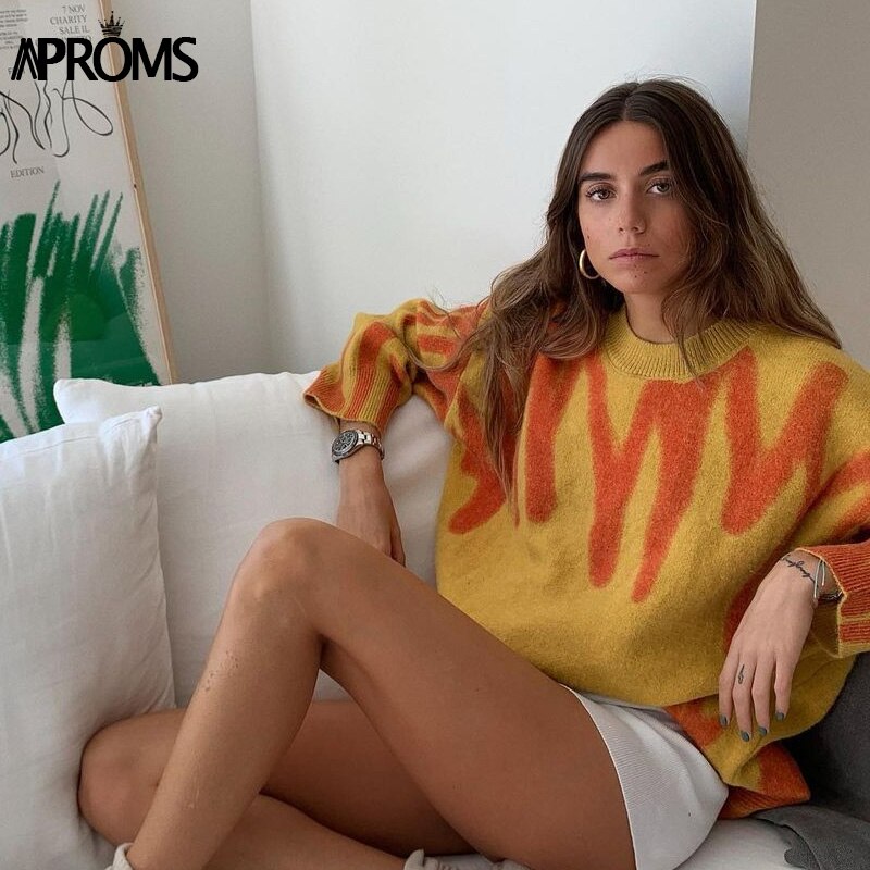flowersverse Aproms Korean Fashion Khaki Stripes Print Loose Sweaters Women Winter Hip-Pop Oversized Long Pullovers Streetwear Outerwear K23