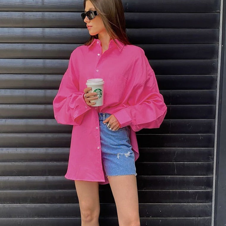 flowersverse Autumn Loose Pink Office Women Shirt Elegant Long Sleeve Fashion Blouses Cotton Streetwear Solid Shirts Top Female