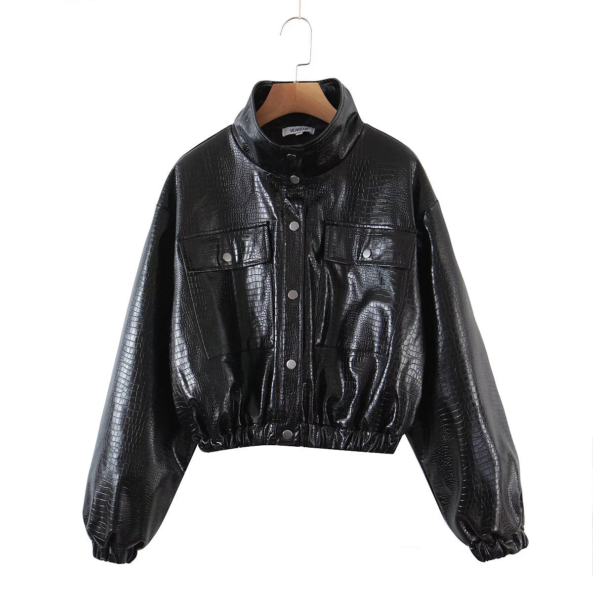 flowersverse Autumn Spring Solid Casual Jacket Women Female Chic Long Sleeve PU Leather Jacket With Quilted Lining Cropped Coat Outwear
