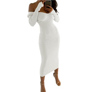 flowersverse Spring Autumn Deep V-Neck Casual Knitted Dress Women Fashion Long Sleeve Sweater Dresses Package Hip Long Dress