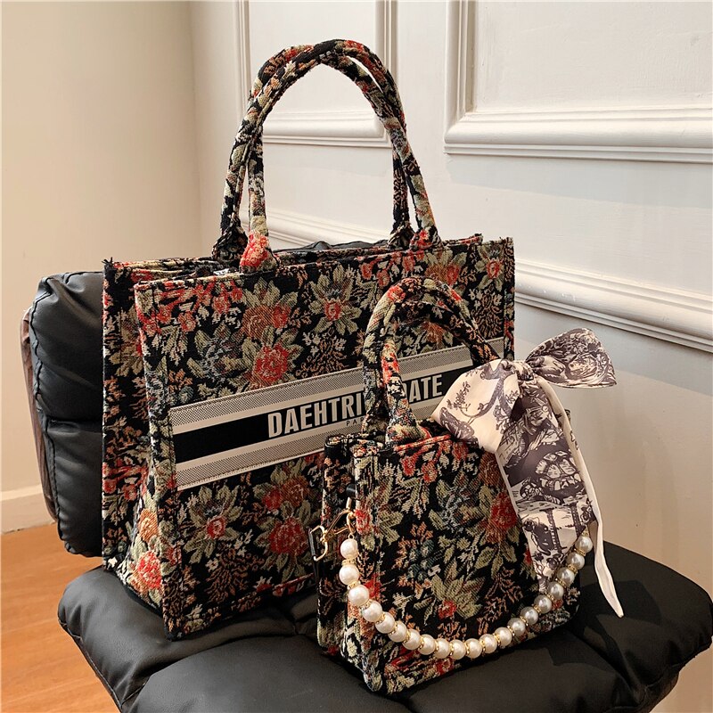 flowersverse Back to school Embroidery Fabric Luxury Designer Large Tote Handbags For Women Fashion Brand Small Ladies Shoulder Crossbody Bags