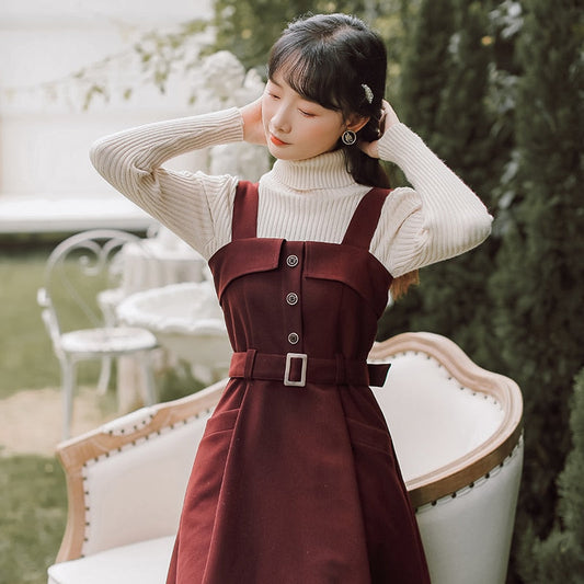 flowersverse Back to school outfit 3 Colors Japan Preppy Style Women Tank Dress With Belt Retro Solid Loose Casual Large Size Sleeveless Dresses For Autumn Winter