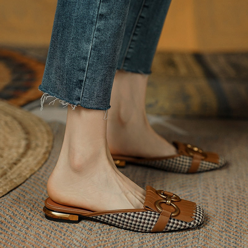 flowersverse Women's Slippers Retro Houndstooth Tassel Casual Shoes for Woman Summer Outdoor Ladies Slides Metal Buckle Low Heel Sandals