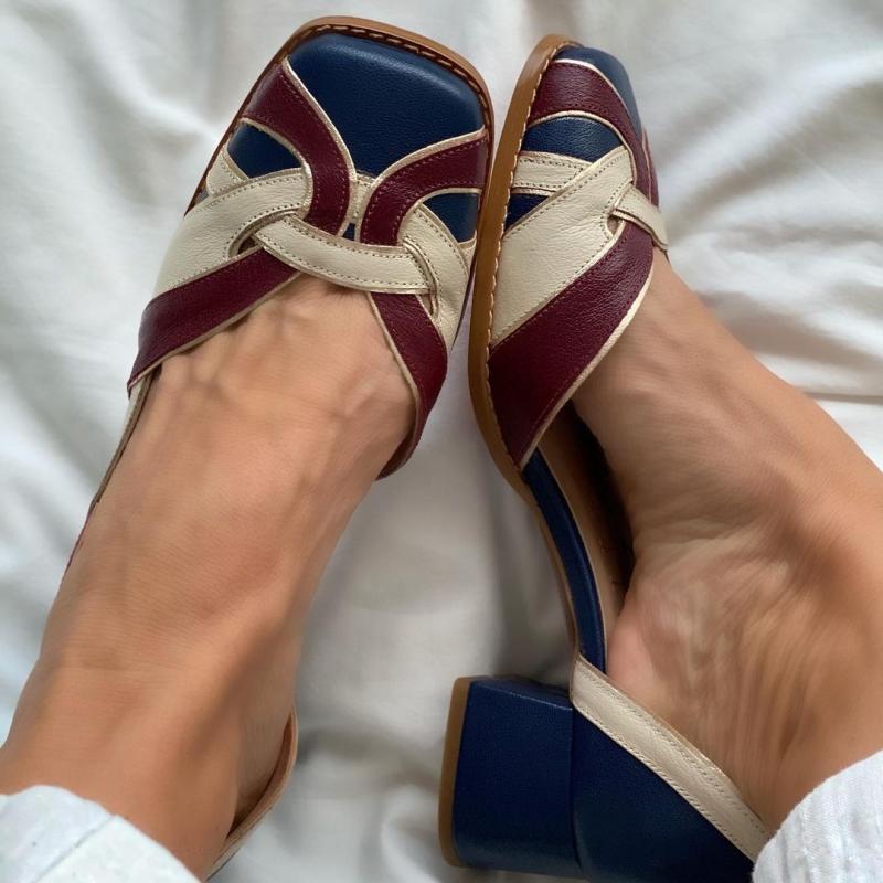 flowersverse Summer Pumps Women Casual Heeled Shoes Retro Style Handmade Square Toe Sandals For Women Slip-On Comfort Ladies Pumps 0823