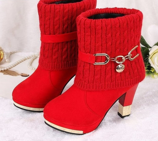 flowersverse Hot Selling High-Heeled Boots Woman Booties Women Short Boots Female Pointed Toes Slip On Slim Fall/Winter Shoes Red Black