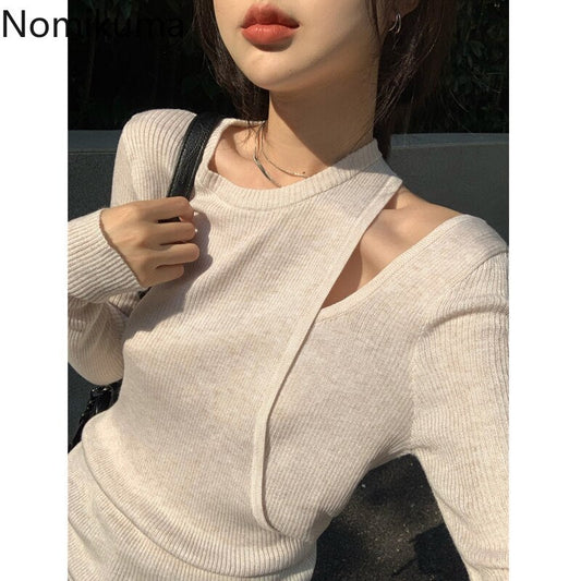 flowersverse Backless Slim Sweater Women Solid Color Hollow Out Long Sleeve O Neck Pullover Fake Two Piece Casual Korean Pull Femme