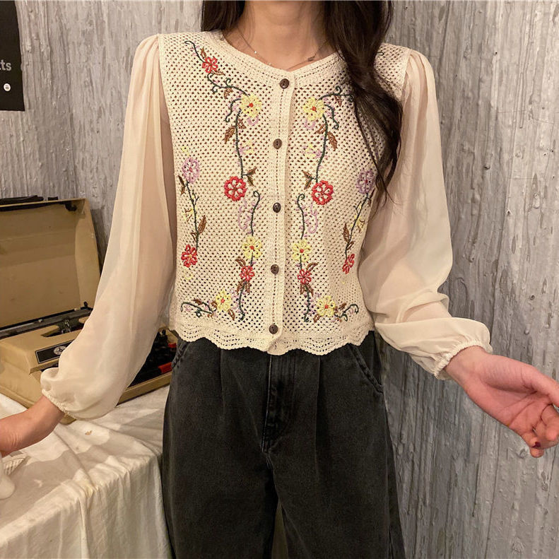 flowersverse Blouse Women Print Casual Simple Hollow Out Teens Square Collar Daily Vintage Harajuku Crop Chic Comfortable College Loose New
