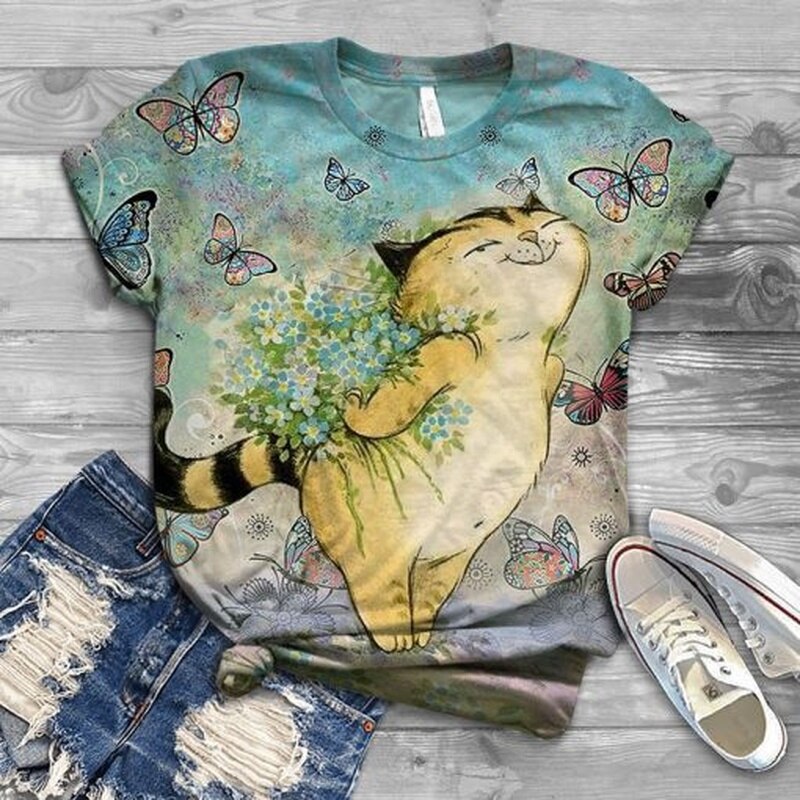 flowersverse Woman Tshirts Harajuku Graphic Tee Spring Summer Streetweear Women Animal Cat Print Cute Kawaii Short Sleeve T-shirts Tops