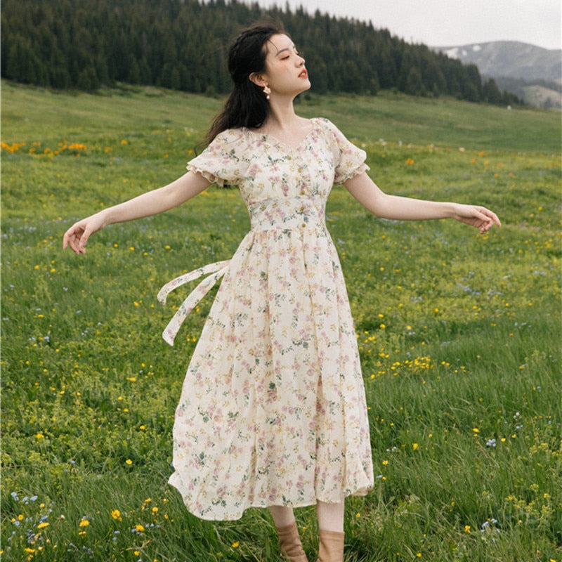 flowersverse Back to school Summer Print Floral Lady Dress Cottagecore Vintage Puff Sleeve V-Neck Romantic Dresses For Slim Women Robe Fleurie Femme Vestido