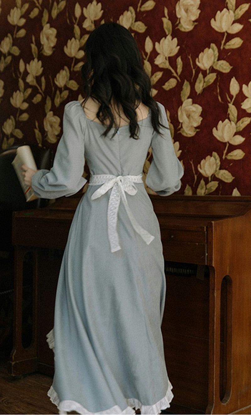 flowersverse Back to school Korean Fashion Elegant Lady Midi Dress Vintage Puff Sleeve Square Collar Lace Retro Women Outfits Vestido Mujer Autumn Spring