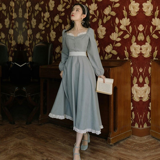 flowersverse Back to school Korean Fashion Elegant Lady Midi Dress Vintage Puff Sleeve Square Collar Lace Retro Women Outfits Vestido Mujer Autumn Spring