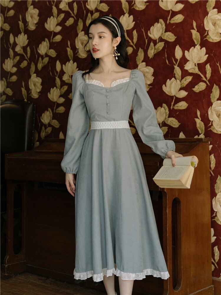 flowersverse Back to school Korean Fashion Elegant Lady Midi Dress Vintage Puff Sleeve Square Collar Lace Retro Women Outfits Vestido Mujer Autumn Spring