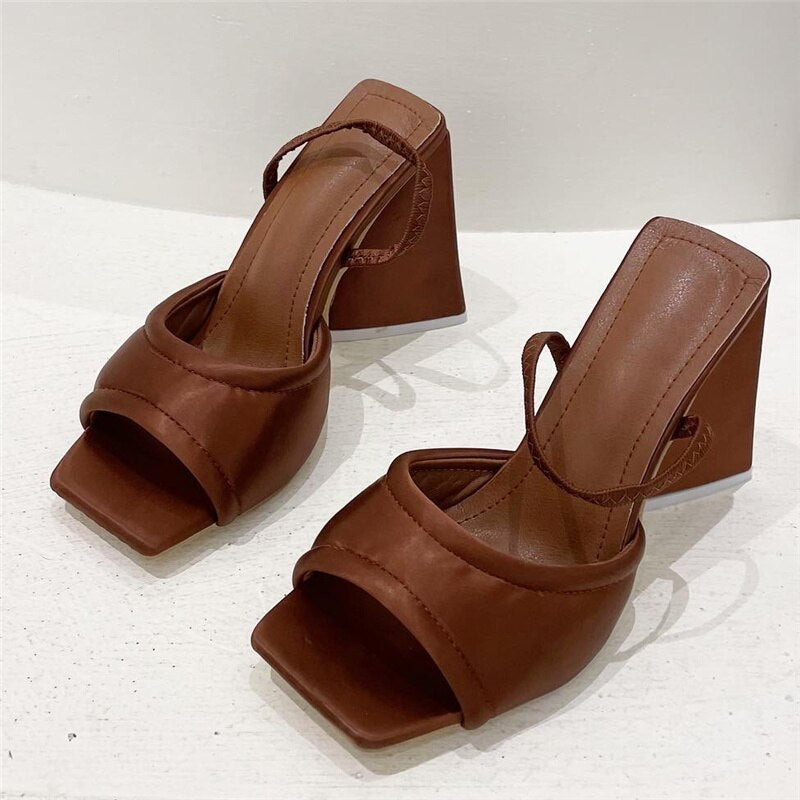 flowersverse Women Design 11cm High Heels Slides Mules Summer Silk Thick Block Heels Sandals Slingback Orange Slipper Party Chunky Shoes