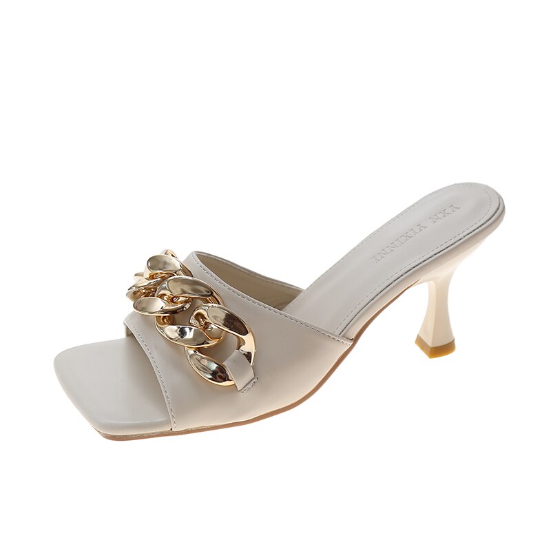 Amzae Summer Women's Slippers Women Sandals 6cm Heels Shoes Female Golden Metal Chain Ladies Slipper Fashion Casual Slides Mules
