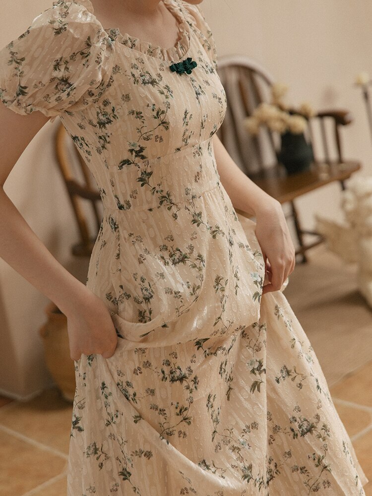 flowersverse Back to school outfit Summer Elegant Jacquard Midi Dress Vintage Print Floral Puff Sleeve Chiffon Romantic Lady Dresses Vestido Robe Fleurie Femme