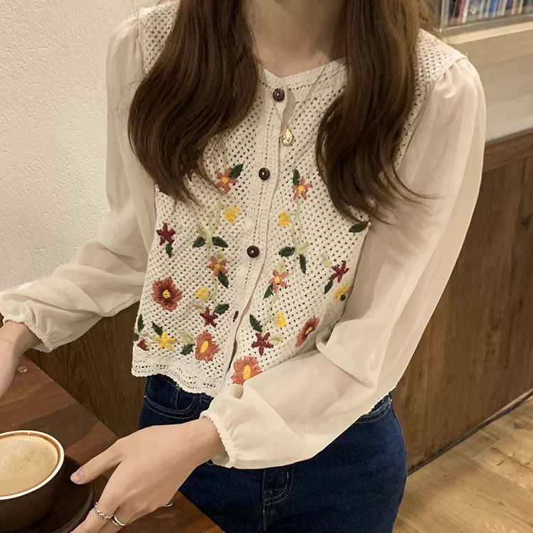 flowersverse Blouse Women Print Casual Simple Hollow Out Teens Square Collar Daily Vintage Harajuku Crop Chic Comfortable College Loose New