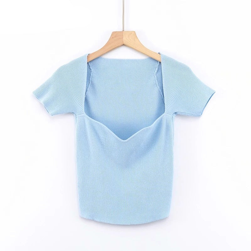 flowersverse Aproms Green Square Neck Ribbed Knitted T-shirt Women Sexy Solid Color High Strench Tshirt Cool Girls Street Style Crop Top