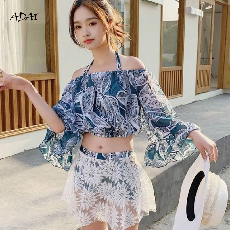 flowersverse 3 Piece Bikini Set Summer Bathing Suits Sexy High Waist Women Swimwear Bikini Sports Swimsuit Cover Up with Skirt Beachwear