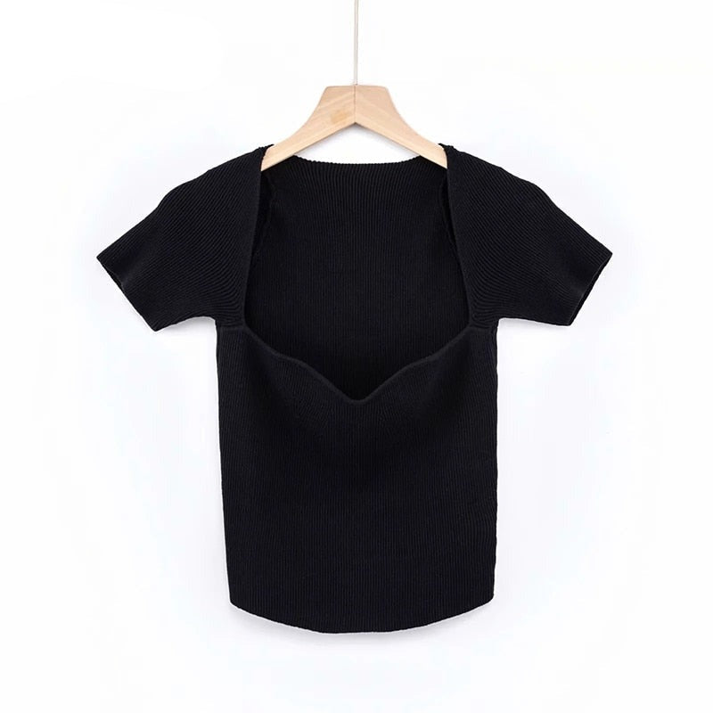 flowersverse Aproms Green Square Neck Ribbed Knitted T-shirt Women Sexy Solid Color High Strench Tshirt Cool Girls Street Style Crop Top