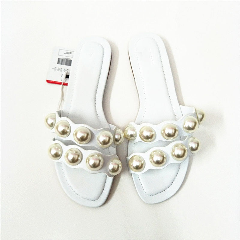 flowersverse Fashion Flat Slippers Party shoes Fulgurant Pearl Sandals thin Belt Roman Flat Women Flip Flops Casual Beach