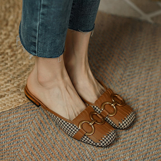 flowersverse Women's Slippers Retro Houndstooth Tassel Casual Shoes for Woman Summer Outdoor Ladies Slides Metal Buckle Low Heel Sandals