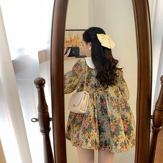 flowersverse Back to school outfit Fugitive Princess Dress Spring Japanese Gentle Art Print Design Western Style High-Waist Slimming A-Type Vestidos