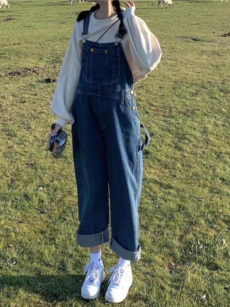 flowersverse Baggy Denim Jumpsuit Women Autumn New Loose Jean Overalls Female Korean High Waist Straight Leg Trousers
