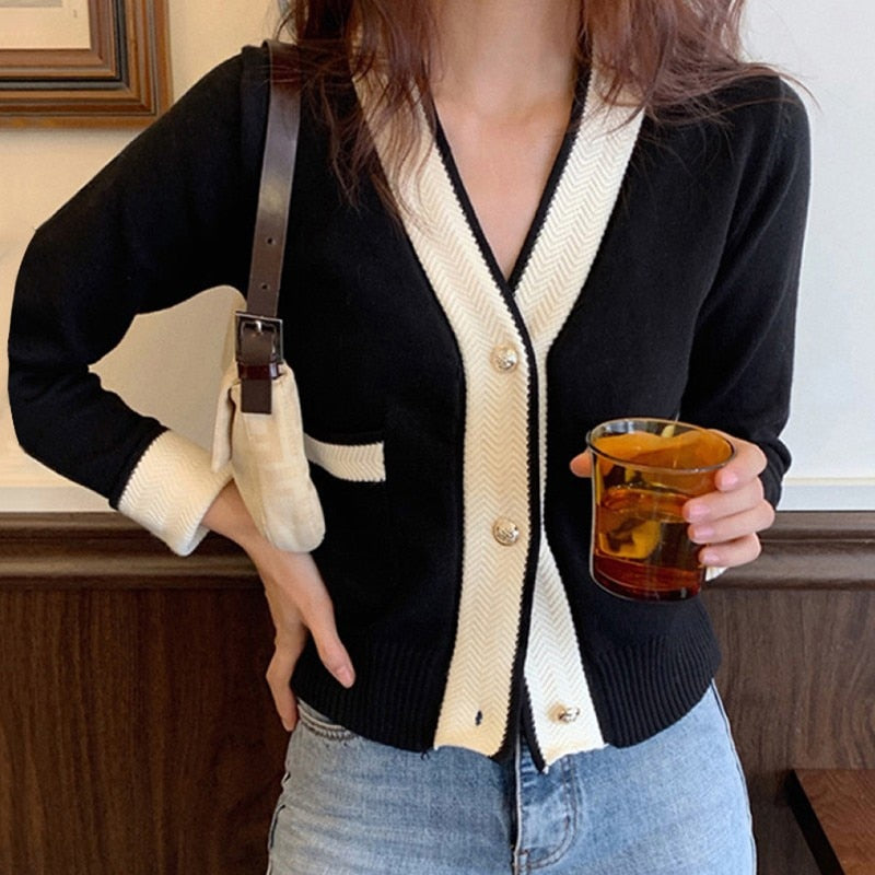 flowersverse Autumn All-Match V-Neck Sweater Jackets Women Korean Style Jumpers Knitted Cardigan Long Sleeve Short Knit Coat