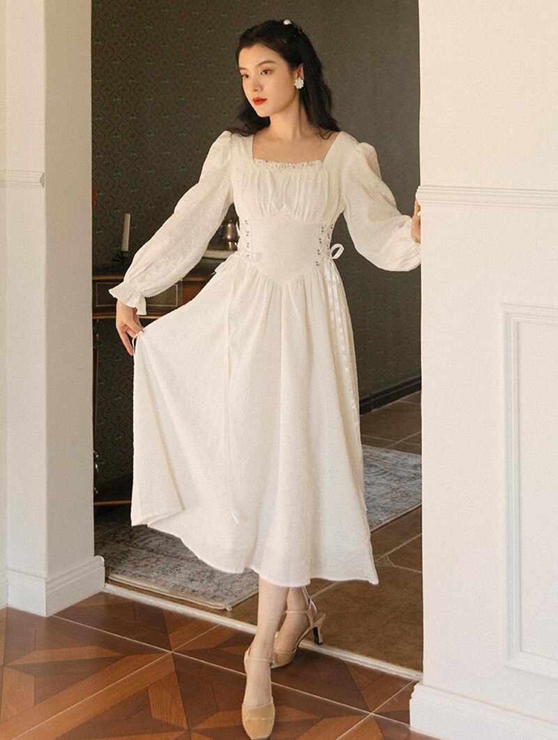 flowersverse Back to school outfit Black & White Jacquard Vintage Lady Dress Retro Royal Style Square Collar Petal Sleeve Bandage Princess Dresses For Party Night