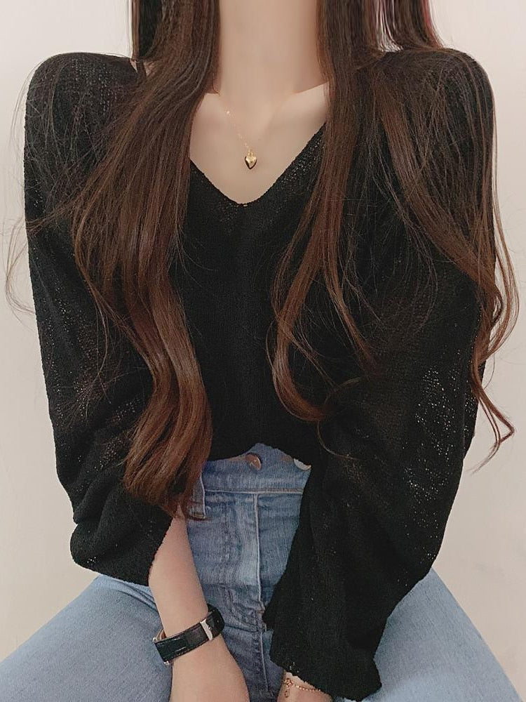 flowersverse Blouse Women Solid Color Minimalist Long Sleeve Fairy Elegant V-Neck Knitting Thin Breathable Soft Casual Basic Sun-Proof Mujer