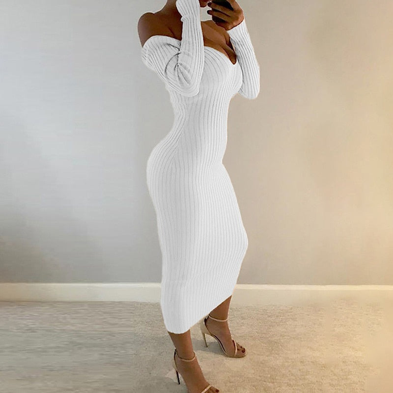 flowersverse Spring Autumn Deep V-Neck Casual Knitted Dress Women Fashion Long Sleeve Sweater Dresses Package Hip Long Dress