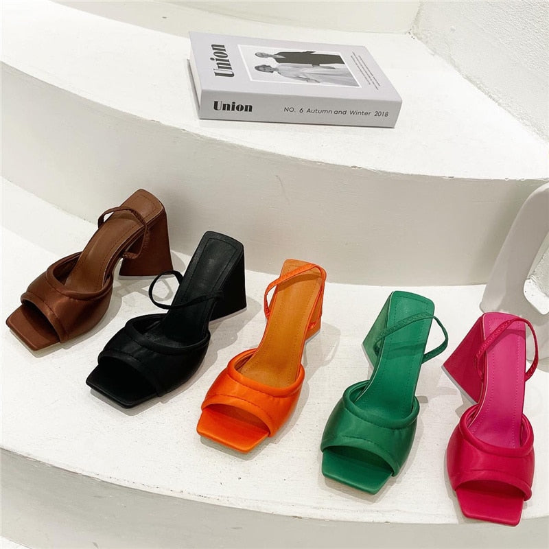 flowersverse Women Design 11cm High Heels Slides Mules Summer Silk Thick Block Heels Sandals Slingback Orange Slipper Party Chunky Shoes