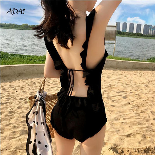 flowersverse Black One Piece Swimsuit Push Up Swimwear Women Vintage Bikini Ruffle Monokini Backless Swimsuit Bodysuit Bathing Suit Wear