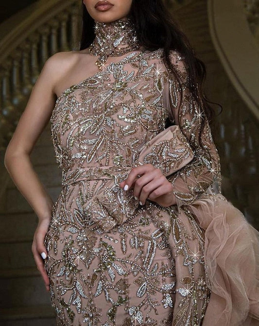 flowersverse Dress Women Party Slim Sequins Dresses Ladies Spring Long Sleeve Solid Round Neck Dinner Princess Short Dress