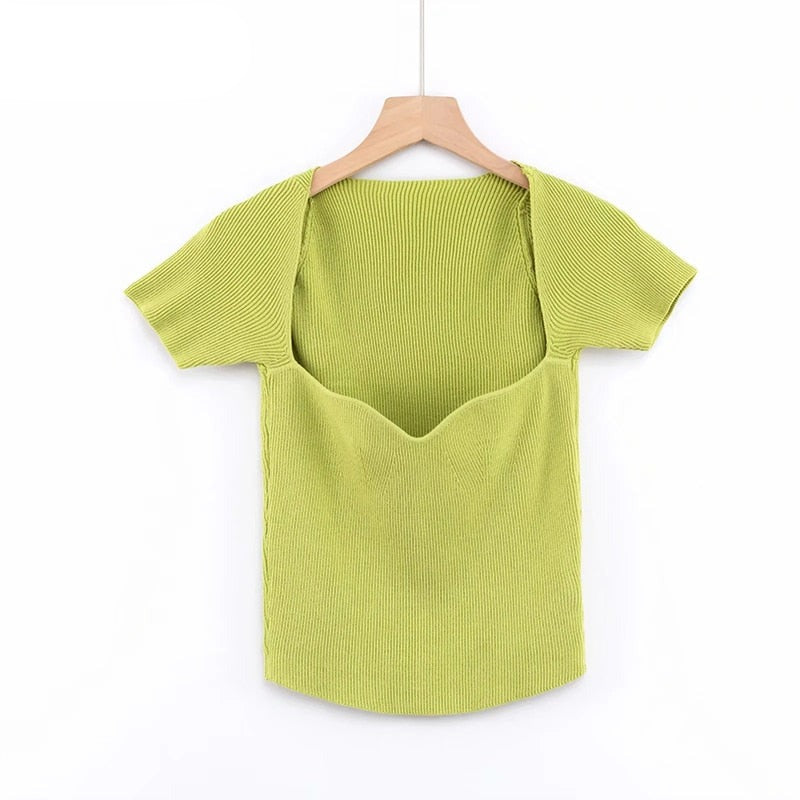 flowersverse Aproms Green Square Neck Ribbed Knitted T-shirt Women Sexy Solid Color High Strench Tshirt Cool Girls Street Style Crop Top
