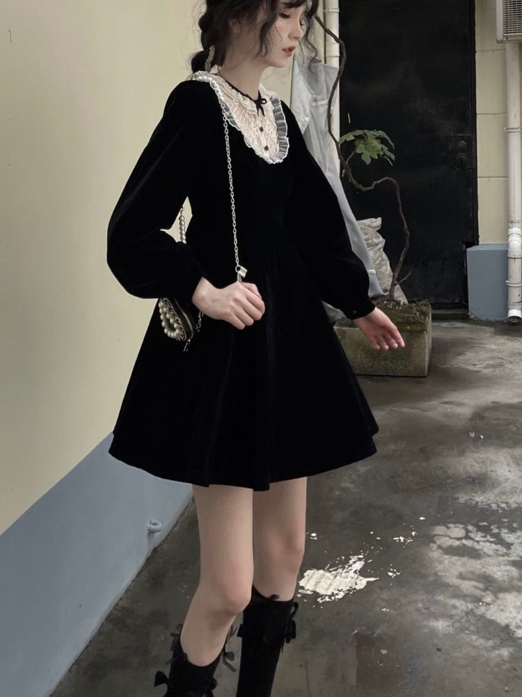 flowersverse Autumn Retro Hepburn Black Gothic Dress Woemen Lace Patchwork Y2K Kawaii Party Mini Dress Female High Street Korean Dress